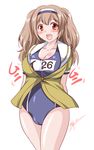  :d blush breasts cameltoe cleavage clothes_writing collarbone commentary_request hairband highres i-26_(kantai_collection) kantai_collection large_breasts light_brown_eyes light_brown_hair long_hair looking_at_viewer mizushiro_takuya name_tag new_school_swimsuit one-piece_swimsuit open_mouth sailor_collar school_swimsuit short_sleeves smile solo swimsuit swimsuit_under_clothes two-tone_hairband two_side_up white_background 