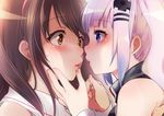  a.i._channel bangs blue_eyes blush brown_hair commentary eye_contact eyebrows_visible_through_hair fingernails fujisaki_hikari hair_ornament hairband hairclip hand_on_another's_chin imminent_kiss kaguya_luna kaguya_luna_(character) kizuna_ai lips long_hair looking_at_another multiple_girls orange_eyes parted_lips portrait profile silver_hair sweatdrop twintails virtual_youtuber yuri 