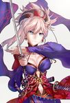  blue_eyes breasts cleavage collarbone earrings eyebrows_visible_through_hair fate/grand_order fate_(series) floating_hair grey_background hair_between_eyes head_tilt highres holding holding_sword holding_weapon jewelry katana long_hair looking_at_viewer medium_breasts mian.h miyamoto_musashi_(fate/grand_order) navel navel_cutout necklace pink_hair ponytail sheath simple_background smile solo sword upper_body weapon 