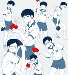  ball black_hair blue_background glasses hoshino_yutaka limited_palette looking_at_viewer multiple_boys multiple_views nao_(necomugi) paddle ping_pong_(manga) shoes shorts smile sneakers standing table_tennis table_tennis_ball table_tennis_paddle tsukimoto_makoto 