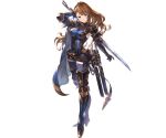  1girl arm_up armor armored_boots armpit_cutout bangs beatrix_(granblue_fantasy) belt blue_scrunchie bodysuit boots breasts brown_eyes brown_hair cape closed_mouth full_body gauntlets gloves granblue_fantasy head_tilt high_heels holding holding_sword holding_weapon long_hair looking_at_viewer medium_breasts minaba_hideo official_art ponytail scrunchie shiny shiny_hair skin_tight smile solo standing sword thighhighs turtleneck weapon 