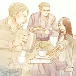  1girl 2boys blonde_hair coffee coffee_cup crutch multiple_boys pieck porco_galliard reiner_braun shingeki_no_kyojin 