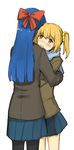  :3 bangs black_jacket black_legwear blue_hair blue_scarf blue_skirt blush bow brown_eyes brown_hair brown_jacket closed_mouth commentary_request eyebrows_visible_through_hair hair_bow hair_ornament hair_scrunchie hug jacket long_hair long_sleeves looking_at_viewer multiple_girls pantyhose pipimi pleated_skirt poptepipic popuko red_bow scarf scrunchie simple_background skirt standing two_side_up white_background wz_(52889) yellow_scrunchie yuri 