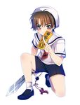  brown_eyes brown_hair cardcaptor_sakura full_body hat kmrg li_xiaolang male_focus ofuda sailor_collar school_uniform short_sleeves shorts solo sword tomoeda_elementary_school_uniform weapon 