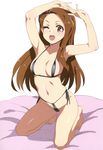  ;d arms_up bare_legs bare_shoulders barefoot bikini black_bikini black_ribbon blush breasts brown_hair collarbone cropped cushion forehead full_body groin hairband highleg highleg_bikini highres idolmaster idolmaster_(classic) inue_shinsuke long_hair looking_at_viewer medium_breasts micro_bikini minase_iori navel one_eye_closed open_mouth red_eyes ribbon scan shiny shiny_hair side-tie_bikini simple_background small_breasts smile solo stomach straight_hair string_bikini swimsuit tareme white_background 