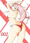  1girl artist_request ass bikini breasts butt_crack character_name code:002 darling_in_the_franxx dimples_of_venus eyebrows_visible_through_hair from_behind green_eyes grin hairband horns long_hair looking_at_viewer looking_back pink_hair red_bikini shiny shiny_hair shiny_skin side-tie_bikini sideboob smile solo swimsuit zero_two_(darling_in_the_franxx) 
