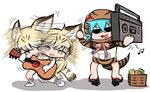  afterimage animal_ears bare_legs bare_shoulders boombox cassette_tape cat_ears cat_tail commentary_request diz_(diznaoto) donkey_kong_(series) donkey_kong_country_2 gloves guitar hood hoodie instrument kemono_friends multiple_girls musical_note open_mouth parody sand_cat_(kemono_friends) sand_cat_print sandals snake_tail speed_lines striped_clothes sunglasses tail thighhighs tsuchinoko_(kemono_friends) 