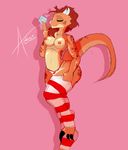  anthro argonian audrey breasts claws clothed clothing condom eyes_closed female hair hi_res horn jaynatorburudragon jewelry knee_socks legwear long_legs necklace nipples panties pink_background red_hair red_scales scales scalie signature simple_background smile socks solo spots the_elder_scrolls thigh_highs toe_claws topless underwear video_games 