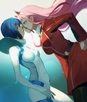  aqua_eyes asymmetrical_hair bangs belt black_legwear blue_hair blush bodysuit breasts commentary_request covered_navel darling_in_the_franxx dress eye_contact eyes_visible_through_hair floating_hair green_eyes hair_ornament hairband hairclip hand_on_hip horns ichigo_(darling_in_the_franxx) lens_flare licking_lips long_hair looking_at_another medium_breasts military military_uniform multiple_girls nose_blush pantyhose pilot_suit pink_hair red_dress salmon88 short_hair tongue tongue_out uniform very_long_hair white_bodysuit yuri zero_two_(darling_in_the_franxx) 