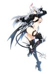  absurdres ass blue_eyes boots breasts cleavage closers demon_girl demon_tail eyepatch full_body gloves grin harpy_(closers) highres horn large_breasts leg_up long_hair midriff official_art partly_fingerless_gloves red_star_alliance sideboob silver_hair smile solo succubus tail thigh_strap transparent_background underboob very_long_hair 