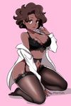  black_bra black_legwear bra breasts brown_eyes brown_hair character_request cleavage commentary d-ryuu dark_skin fingernails full_body garter_belt highres kneeling lace lace-trimmed_bra lace-trimmed_thighhighs large_breasts lips long_fingernails navel off-shoulder_shirt open_clothes open_shirt pink_background shirt smile solo thick_thighs thighhighs thighs underwear very_dark_skin wavy_hair 