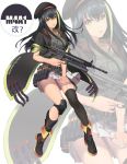  1girl absurdres alternate_costume artist_name assault_rifle asymmetrical_legwear bangs beret black_coat black_footwear black_hair black_hat black_legwear blush boots buckle character_name coat commentary_request girls_frontline green_eyes green_hair grenade_launcher gun hat henz_(86551650) highres holding holding_skirt knee_pads long_hair looking_at_viewer m4_carbine m4a1_(girls_frontline) magazine_(weapon) multicolored_hair open_mouth pleated_skirt pouch ribbed_sweater rifle sidelocks single_thighhigh skirt sleeveless sleeveless_turtleneck solo strap streaked_hair sweater thighhighs trigger_discipline turtleneck weapon white_background white_skirt zoom_layer 