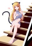  animal_ears bare_shoulders barefoot blonde_hair cat_tail collarbone fake_animal_ears feet grey_sweater highres long_hair looking_at_viewer meme_attire red_eyes sakura-sou_no_pet_na_kanojo shiina_mashiro sitting solo sweater tail virgin_killer_sweater white_background zyl 