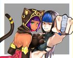  alternate_costume alternate_eye_color alternate_hair_color alternate_hair_length alternate_hairstyle animal_hood armpits back bangs black_hair blue_hair blunt_bangs bob_cut cat_hood cat_paws cat_tail clenched_hand dark_skin dudou elbow_gloves evolution_championship_series eye_(mememem) fang gloves green_eyes grin han_juri hood infiltration long_hair looking_at_viewer medieval menat multiple_girls nail_polish outside_border paws punching purple_hair red_eyes short_hair smile street_fighter street_fighter_iv_(series) street_fighter_v tail tail_ring 