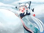  bug butterfly butterfly_wings closed_eyes double_bun earrings facial_mark fur_trim hair_ornament highres insect japanese_clothes jewelry kimono kochou_no_sei_(onmyoji) long_hair onmyoji open_mouth pointy_ears purple_musume snow snowball snowing solo upper_body white_hair wings 