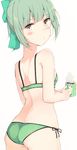  ass bad_id bad_twitter_id bangs blunt_bangs bow bra breasts closed_mouth coffee coffee_mug cole cowboy_shot crotch_seam cup eyebrows_visible_through_hair green_bow green_bra green_hair green_panties hair_bow highres holding holding_cup kantai_collection light_brown_eyes looking_at_viewer looking_back mug panties short_hair short_ponytail shoulder_blades side-tie_panties simple_background small_breasts solo steam sweat underwear underwear_only white_background yuubari_(kantai_collection) 