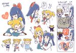  4koma :3 alien alternate_hairstyle aqua_sailor_collar aqua_skirt bangs bkub_(style) blue_eyes blue_shirt blue_swimsuit blush_stickers bow brown_footwear chewing closed_eyes closed_mouth collared_shirt comic commentary_request eating eyebrows_visible_through_hair food food_request gym_shorts hair_bow hair_brush hair_ornament hair_scrunchie hand_on_own_chin heart holding holding_brush hug long_hair long_sleeves looking_at_viewer multiple_girls neckerchief one-piece_swimsuit pajamas parody pipimi poptepipic popuko red_bow red_footwear red_neckwear red_shorts school_uniform scrunchie serafuku shirt short_hair short_sleeves shorts sidelocks simple_background skirt speech_bubble standing style_parody sweet_potato swimsuit translation_request twintails two_side_up wain08 white_background white_legwear white_shirt wing_collar yellow_eyes yellow_scrunchie yuri 