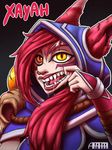  1girl allyatharii animal_ears artist_name feathers finger_in_mouth league_of_legends long_hair looking_at_viewer red_hair riot_games saliva side_ponytail solo teeth text watermark xayah yellow_eyes 