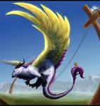  alradeck avian bird black_bars black_horn day detailed_background dragon feathered_dragon feathered_wings feathers horn outside scales sky smile white_scales wings yellow_feathers 
