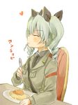  :t anchovy anzio_military_uniform bangs black_neckwear black_shirt blush chair character_name closed_eyes closed_mouth collared_shirt eating eyebrows_visible_through_hair fingernails food foomi fork girls_und_panzer green_hair green_jacket hair_between_eyes heart holding holding_fork jacket long_hair long_sleeves necktie pasta plate ringlets shirt sitting solo spaghetti table translated twintails white_background 