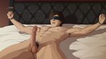  1boy bed blindfolded brown_hair doubleleaf erection lying male_focus nude penis restrained rope solo_focus testicles 