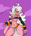  1girl android_21 breasts curvy dahs dragon_ball dragon_ball_fighterz highres large_breasts long_hair looking_at_viewer majin_android_21 nail_polish nipples pink_skin smile standing strapless tail tubetop white_hair 