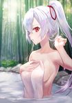  bamboo bamboo_forest bath bathing demmy fate/grand_order fate_(series) forest hair_ribbon looking_at_viewer naked_towel nature nude onsen ponytail red_eyes ribbon silver_hair tomoe_gozen_(fate/grand_order) towel upper_body wet 