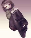  black_legwear blush brown_hair brown_shorts chara_(undertale) dutch_angle eyebrows_visible_through_hair feet foreshortening gradient gradient_background hands_on_own_knees invisible_chair long_sleeves looking_at_viewer oshiruko_(tsume) pale_skin pantyhose parted_lips red_eyes shiny shiny_clothes short_hair shorts sitting soles solo undertale 