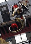 2011 5_fingers alradeck blood canine clothed clothing detailed_background digital_media_(artwork) dragon gun hair holding_object holding_weapon horn mammal membranous_wings ranged_weapon red_hair weapon wings 