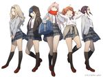  bag blazer blue_eyes cardigan clothes_around_waist darling_in_the_franxx dress_shirt hood hoodie ichigo_(darling_in_the_franxx) ikuno_(darling_in_the_franxx) jacket kneehighs kokoro_(darling_in_the_franxx) loafers long_hair miku_(darling_in_the_franxx) multiple_girls necktie open_blazer open_clothes open_hoodie open_jacket pink_hair plaid plaid_skirt red_scarf scarf school_bag school_uniform shirt shoes short_hair skirt sweater_around_waist thor_oekaki white_background white_shirt zero_two_(darling_in_the_franxx) 