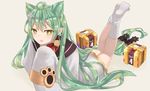 :3 absurdres ahoge akashi_(azur_lane) animal_ears arm_support azur_lane bangs bell black_bow blush bow bright_pupils cat_ears commentary_request dress eyebrows_visible_through_hair feet_up gold_trim green_hair hair_between_eyes hair_bow hair_ornament half-closed_eyes hand_up highres jingle_bell kneehighs long_hair long_sleeves looking_at_viewer low-tied_long_hair lying no_shoes on_stomach open_mouth parted_bangs paw_pose paw_print raised_eyebrows red_bow sailor_collar sanba_tsui short_dress simple_background sleeves_past_wrists solo the_pose very_long_hair white_background white_dress white_legwear white_pupils wide_sleeves yellow_eyes 