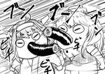  ahoge commentary_request double_bun ehoumaki food food_fight front-tie_top greyscale hairband headgear iowa_(kantai_collection) ishii_hisao japanese_clothes kantai_collection kongou_(kantai_collection) long_hair makizushi monochrome multiple_girls sushi 