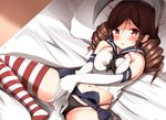  alternate_costume bangs bed black_hairband black_panties black_ribbon blue_sailor_collar blue_skirt blush breasts brown_eyes brown_hair commentary_request cosplay crop_top drill_hair elbow_gloves gloves groin hair_ribbon hairband harukaze_(kantai_collection) highleg highleg_panties highres kantai_collection large_breasts long_hair looking_at_viewer lying miniskirt mochiyuki navel on_back on_bed panties parted_bangs parted_lips pillow pleated_skirt ribbon sailor_collar school_uniform serafuku shimakaze_(kantai_collection) shimakaze_(kantai_collection)_(cosplay) shirt sidelocks skirt solo spread_legs striped striped_legwear thighhighs twin_drills underwear white_gloves white_shirt 