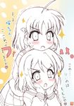 :o ahoge bangs blush clover_hair_ornament commentary_request eyebrows_visible_through_hair graphite_(medium) hair_ornament hairpin hands_on_another's_shoulders hands_on_own_face head_rest highres iwaki_hazuki love_live! love_live!_sunshine!! mechanical_pencil multiple_girls pencil school_uniform signature sparkle spot_color takami_chika traditional_media translation_request trembling uranohoshi_school_uniform v-shaped_eyebrows watanabe_you 