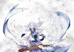  bingxiaojian bird feathered_wings feathers fur_trim highres horn instrument japanese_clothes kimono long_hair male_focus onmyoji peacock peacock_feathers petals solo white_hair wings yellow_eyes youkinshi_(onmyoji) 