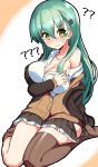  1girl ?? @_@ absurdres aqua_hair asymmetrical_legwear bare_shoulders blush breasts brown_cardigan brown_jacket brown_legwear brown_skirt cleavage eyebrows_visible_through_hair hair_between_eyes hair_ornament hairclip highres jacket kantai_collection large_breasts long_hair okitsugu pleated_skirt remodel_(kantai_collection) school_uniform seiza sitting skirt solo suzuya_(kantai_collection) thighhighs 