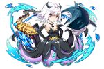  black_gloves breasts cleavage ddoalo dragon_egg eel elbow_gloves frown full_body gloves hands_on_hips highres horns jewelry looking_at_viewer medium_breasts monster_girl necklace open_mouth purple_eyes scylla shark short_hair tentacles water white_hair 