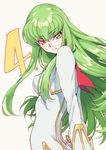  arms_behind_back bangs bodysuit c.c. code_geass cowboy_shot creayus green_hair long_hair looking_at_viewer number simple_background smile solo white_background white_bodysuit yellow_eyes 