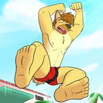  anthro barefoot blue_sky bulge clothing eyes_closed fuze fuze_hyena hyena male mammal open_mouth outside sky solo swimsuit teeth tongue 