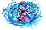  barefoot blue_hair blue_skin bubble circlet dragon_egg fish flat_chest gloves hair_ornament highres long_hair looking_at_viewer midriff pointy_ears purple_gloves red_eyes short_sleeves standing standing_on_one_leg water yasu8hasu 