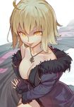  ahoge bangs blonde_hair breasts cleavage fate/grand_order fate_(series) fingernails fur_collar hair_between_eyes jeanne_d'arc_(alter)_(fate) jeanne_d'arc_(fate)_(all) jewelry medium_breasts necklace purple_coat short_hair solo tim_loechner tongue white_background wicked_dragon_witch_ver._shinjuku_1999 yellow_eyes 
