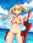  absurdres ass_visible_through_thighs bikini blonde_hair bracelet breasts cameltoe cleavage commentary criss-cross_halter fate/extra fate/grand_order fate_(series) green_eyes halterneck highres jewelry large_breasts navel nero_claudius_(fate)_(all) nero_claudius_(swimsuit_caster)_(fate) ocean smile solo stomach swimsuit sword thigh_gap twintails water weapon wet yanows 