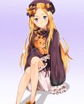  abigail_williams_(fate/grand_order) arm_support bangs black_bow black_dress black_footwear black_hat blonde_hair bloomers blush bow bug butterfly commentary_request dress fate/grand_order fate_(series) forehead gradient gradient_background hair_bow hat head_tilt insect long_hair long_sleeves looking_at_viewer mary_janes object_hug orange_bow parted_bangs polka_dot polka_dot_bow purple_background purple_eyes shoes sitting sleeves_past_fingers sleeves_past_wrists solo stuffed_animal stuffed_toy teddy_bear underwear very_long_hair white_background white_bloomers woumu 