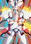  crossed_arms darling_in_the_franxx glowing gunbuster_pose highres light_particles looking_at_viewer mecha no_humans potechi_(german_potato) serious solo sparkle standing strelizia 