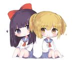  alternate_hair_color bad_id bad_pixiv_id bangs black_eyes black_hair blonde_hair blue_sailor_collar blue_skirt blunt_bangs bow brown_eyes chibi closed_eyes closed_mouth cottontailtokki full_body hair_between_eyes hair_bow hair_ornament hair_scrunchie head_tilt heart long_hair long_sleeves looking_at_viewer multiple_girls necktie pipimi pleated_skirt poptepipic popuko red_bow red_neckwear sailor_collar school_uniform scrunchie serafuku shirt short_hair simple_background sitting skirt smile two_side_up white_background white_shirt yellow_scrunchie 