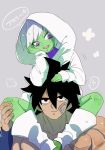  1boy 1girl bandaid bandaid_on_face black_hair boots broly_(dragon_ball_super) cheelai dragon_ball dragon_ball_super_broly eyelashes green_skin grey_background hand_on_another&#039;s_head hand_on_own_face head_tilt hood hoodie muscle open_mouth purple_eyes scar shiny shiny_skin short_hair sitting_on_shoulder smile speech_bubble spiked_hair srm_burorisuto translation_request upper_body white_footwear white_hair white_hoodie 