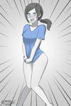  black_hair blush bottomless covering covering_crotch grey_eyes highres long_hair naked_shirt open_mouth ponytail sarukaiwolf shirt solo standing super_smash_bros. white_skin wii_fit wii_fit_trainer 