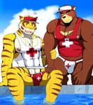  abs anthro bear bearlovestiger13 biceps brown_fur clothing feline fur hi_res juuichi_mikazuki male mammal morenatsu muscular nipples outside pecs shirt simple_background tank_top tiger torahiko_(morenatsu) underwear 