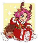  1girl adricarra antlers artist_name bell boots bow box brown_gloves cape fa facial_mark fire_emblem fire_emblem:_fuuin_no_tsurugi fire_emblem_heroes forehead_mark fur_trim gift gift_box gloves green_eyes long_sleeves mamkute nintendo open_mouth pointy_ears purple_hair reindeer_antlers short_hair solo 