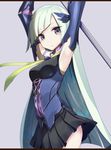  arms_up brynhildr_(fate) fate/prototype fate/prototype:_fragments_of_blue_and_silver fate_(series) grey_background hair_ornament letterboxed long_hair looking_at_viewer pleated_skirt polearm purple_eyes simple_background skirt solo tenrai weapon white_hair 